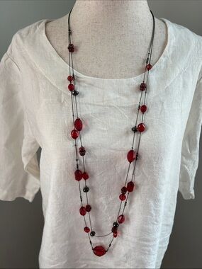 Long Red Bead Layered 22” Necklace - Women’s Jewelry